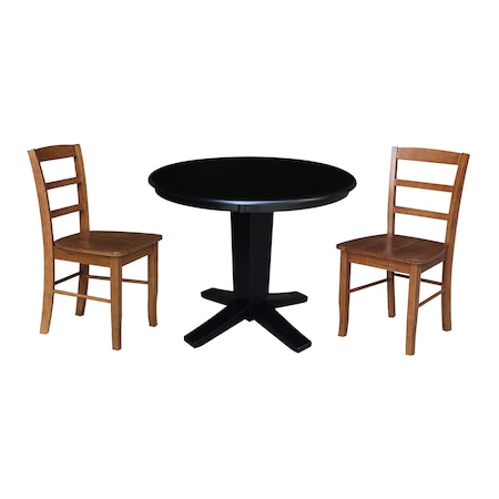 International Concepts 36 in. Solid Wood Round Top Dining Table with 2 Chairs in Black/Distressed Oak K46-36RT-23B-C42-2-2